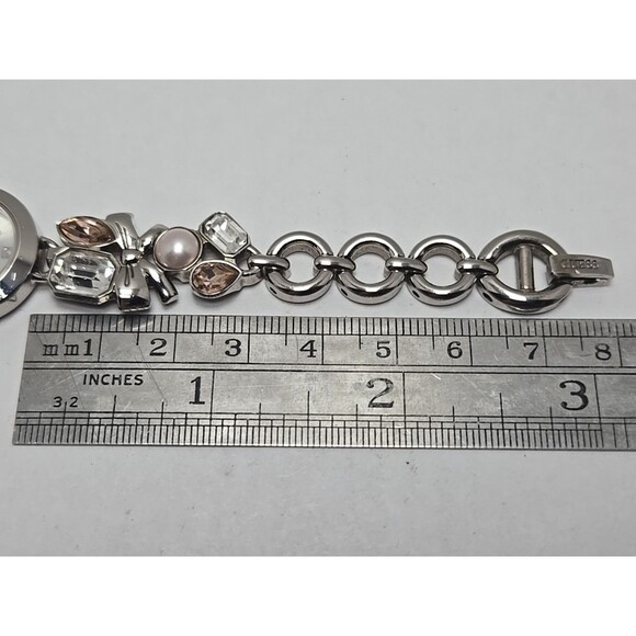 Womens Guess Pink Marquise Crystal Pearls Bows Silver Bracelet Watch New Battery main image 4